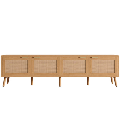 70.87 inch Natural Wood 4-Door PE Rattan TV Stand Media Console With Cable Holes For 80 inch TV