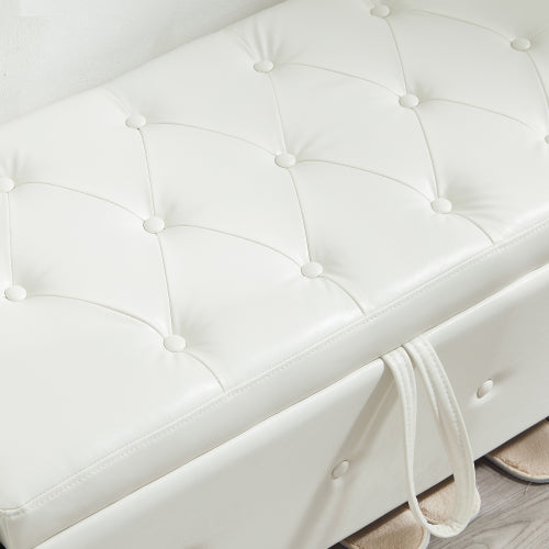 48'' Storage Ottoman Bench Tufted Faux Leather Upholstered Bench Ivory White