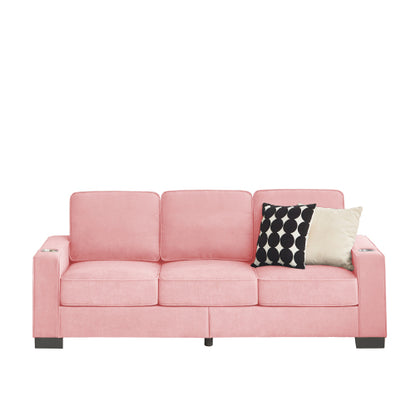 Pink 83.86-Inch Modern Compressed 3-Seater Snow-Fleece Sofa with Dual-Side Cup Holders
