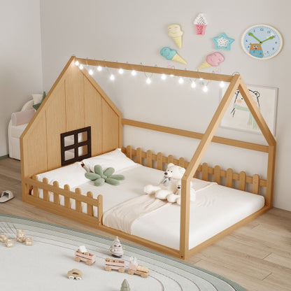 Full Size Wood House Bed with Window and Fence, Natural