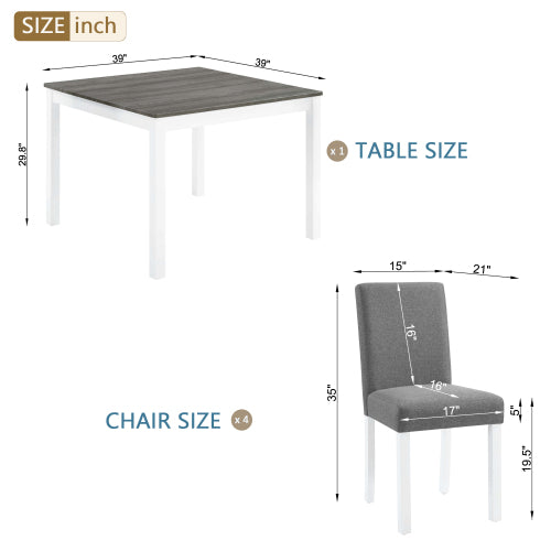5-Piece Grey & White Two Tone Dining Set, Square Wooden Table with 4 Upholstered Chairs