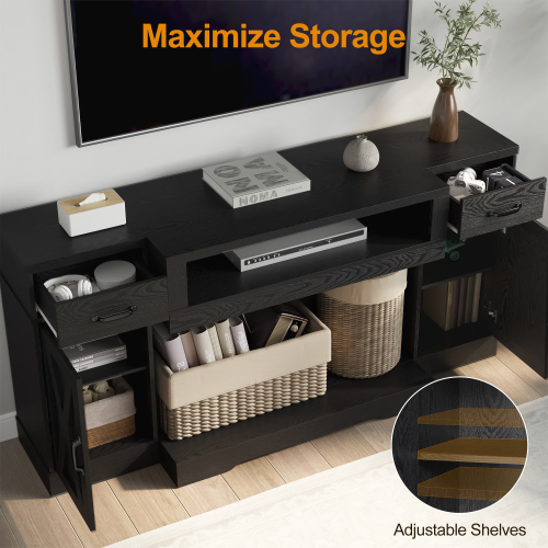 Black Farmhouse 65 inch TV Stand with Adjustable Shelves and Storage