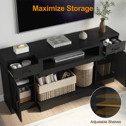 Black Farmhouse 65 inch TV Stand with Adjustable Shelves and Storage