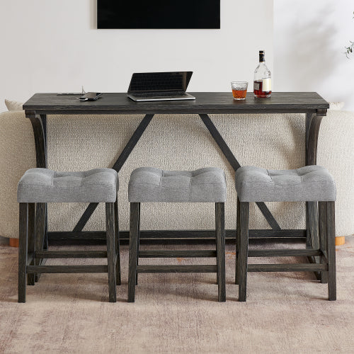 59 Inch Farmhouse Wood Bar Table Set with Power Outlet, 4-Piece Brown Linen Padded Stools Dining Furniture