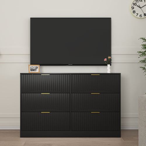 Modern 6-Drawer Dresser, Chest of Drawers for Bedroom, Living Room, Hallway, and Entryway - Large Storage Cabinet, Black,Drawer panel with wavy patterns