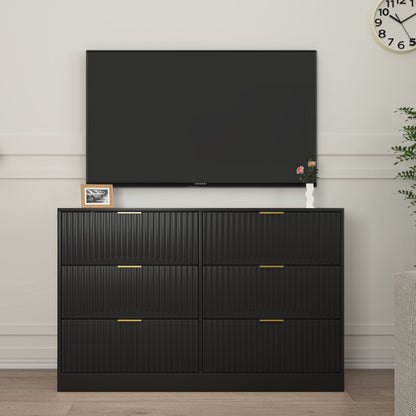 Modern 6-Drawer Dresser, Chest of Drawers for Bedroom, Living Room, Hallway, and Entryway - Large Storage Cabinet, Black,Drawer panel with wavy patterns