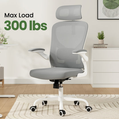Ergonomic Office Chair, Home Office Desk Chair with Headrest, High Back Computer Chair with Armrests and Adjustable Lumbar Support for Home Office Study Room, White & Gray