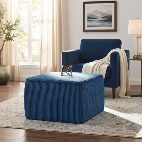 Blue Upholstered Square Ottoman with Corduroy Fabric Design