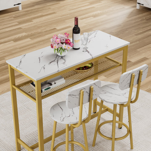 3-Piece Counter Height Dining Set with White Faux Marble Tabletop and 2 Stools, Space Saving Bar Table Set