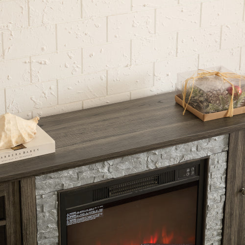 70 Inch TV Stand with Electric Fireplace Grey Faux Stone Entertainment Center