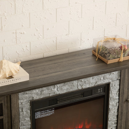 70 Inch TV Stand with Electric Fireplace Grey Faux Stone Entertainment Center