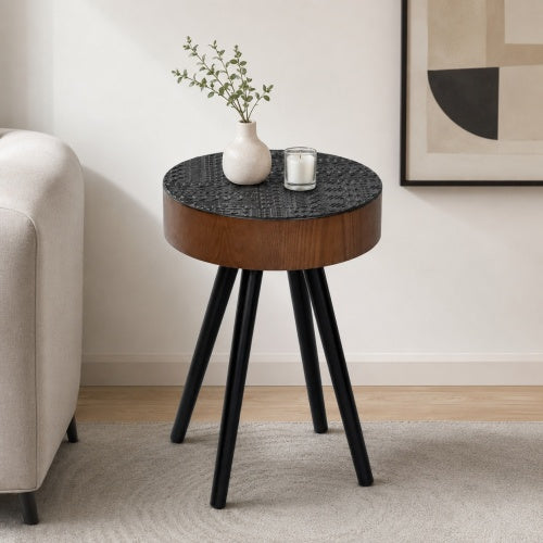 15.7inch  Mini Round Wooden Side Table, Black & Brown