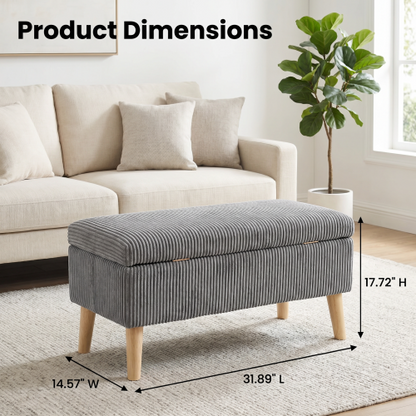 32 inch Olive Grey Corduroy Flip-Top Storage Ottoman Bench, Wooden Leg Upholstered Entryway & Bedroom Footrest