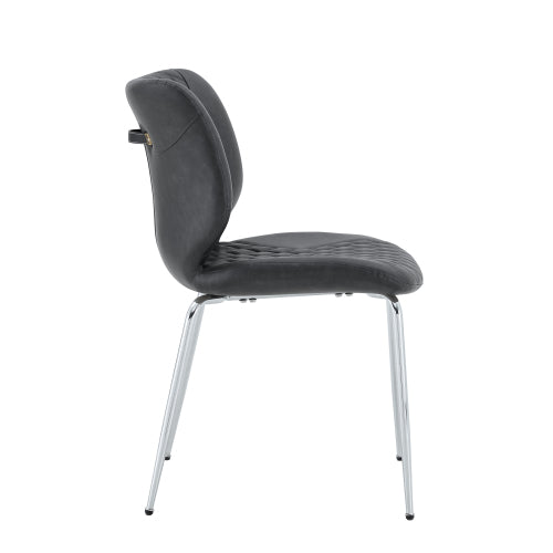 Set of 2 Dark Gray Crazy Horse Oil Wax Leather Dining Chairs, Electroplated Metal Leg Diamond Tuft High Back Chairs