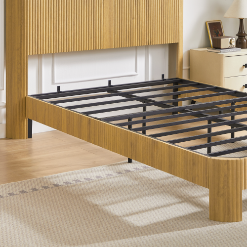 Full Extra Long(Full XL) Size bed frame with storage headboard, built-in charging station, wavy curved lines design, silent operation, metal support, Natural