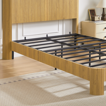 Full Extra Long(Full XL) Size bed frame with storage headboard, built-in charging station, wavy curved lines design, silent operation, metal support, Natural