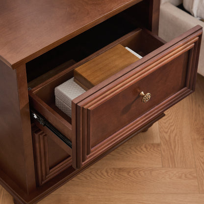 Walnut Mid-Century Nightstand, 2-Drawer Bedside Table with Charging Station & Gourd-Shaped Legs