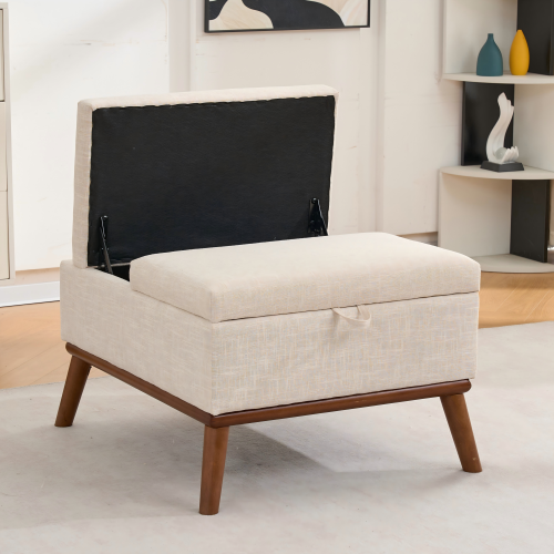 31 inch Beige Mid-Century Modern Rectangle Storage Ottoman, High Leg Lift-Top Coffee Table for Living Room Office