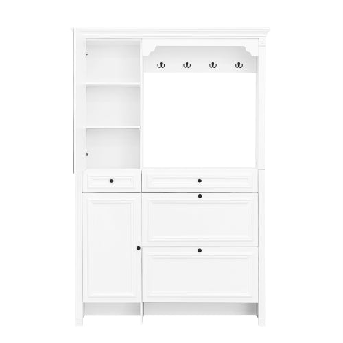 54.7 inch Hall Tree with Integrated Shoe Cabinet and Mirrored Cabinet Door, Coat Hanger, Entryway Bench, 4-in-1 Design, 2 Flip Drawers, 4 Hooks and 2 Cabinets for Entrance,Living Room