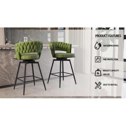 26inch Bar Chair Linen Woven Bar Stool Set of 2,Black legs Barstools No Adjustable Kitchen Island Chairs,360 Swivel Bar Stools Upholstered Bar Chair Counter Stool Arm Chairs with Back Footrest (Green)