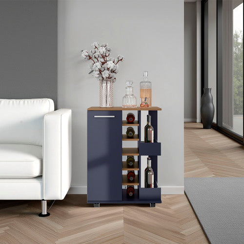 Bar Cart, Two External Shelves, Four Casters, Six Built-In Wine Rack, Single Door Cabinet, Natural Oak, Blue