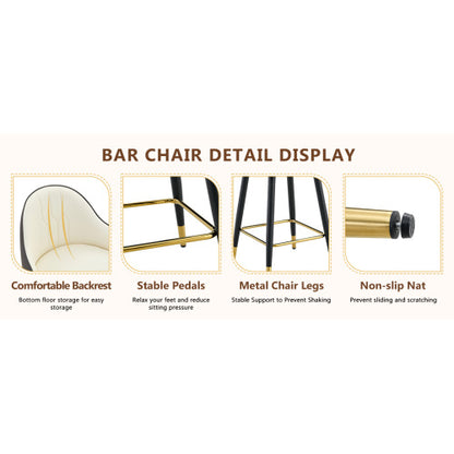 Set of 2 White & Dark Gray Splicing Colors PU Leather Bar Stools: 37.7inch High, 25inch Seat Height, Gold Accent Footrest, Ideal for Kitchen Island, Home Bar & Dining Area, Available in Light Gray, Black.