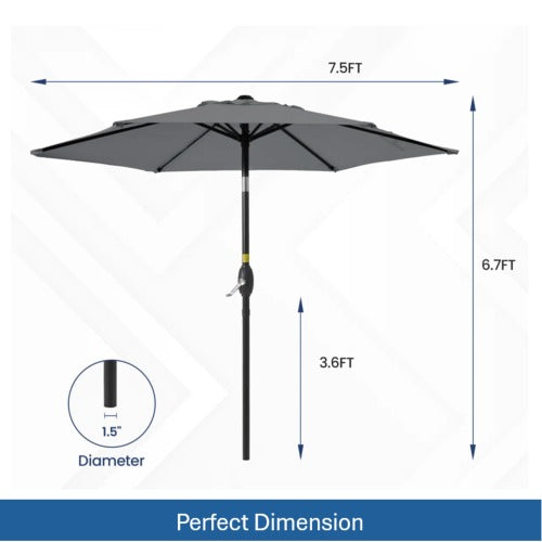 7.5 Feet Gray Market Umbrella with Crank Lift & Tilt. UV-Resistant Canopy for Pool, Backyard & Patio (Without base)