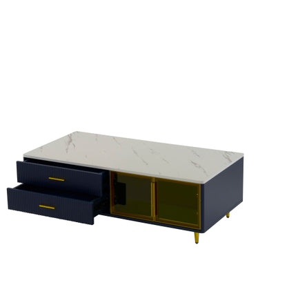 Modern Blue Coffee Table with Glass Doors Drawers LED Lighting Gold Legs