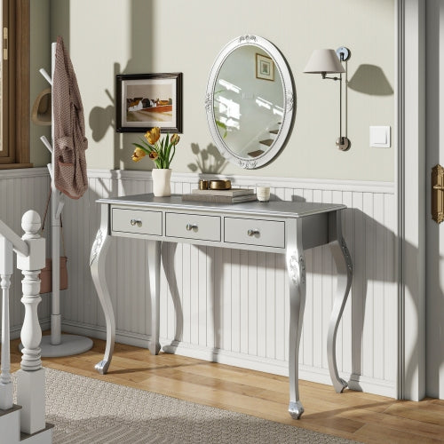 Silver Luxury Oval?Mirror Vanity Desk, 41.0 inch *17.5 inch  Tabletop, 3 Drawers, Elegant Console Table for Entryway & Bedroom