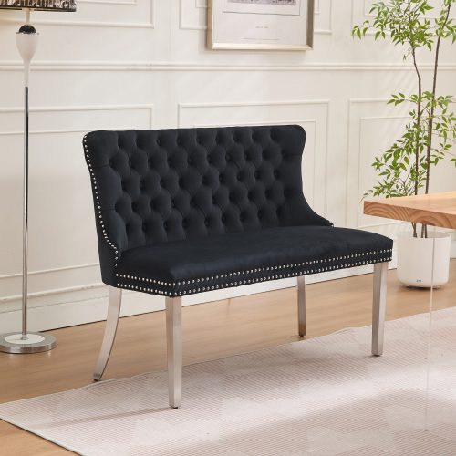 Velvet Double Dining Loveseat Bench, Kitchen & Dining Seating, 2-Seat Tufted Bench w/Handmade Buttons, Wing Back, Brushed Silver Stainless Steel Legs, Mid Century Modern,Single Pack,Black