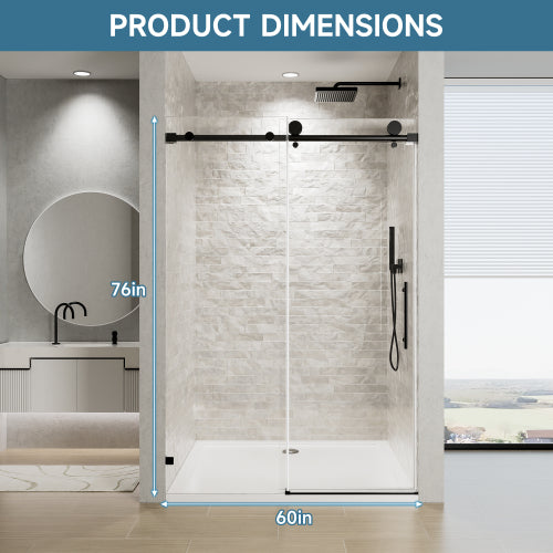 56"-60" W x 76" H Frameless Single Sliding Soft-Close Matte Black Shower Door with 5/16" (8mm) Clear Nano-Coated Tempered Glass and Stainless Steel Handle