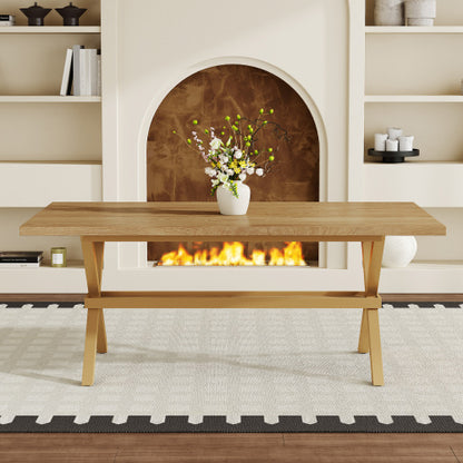 Light Wood Grain MDF Dining Table with X-Shaped Metal Bracket