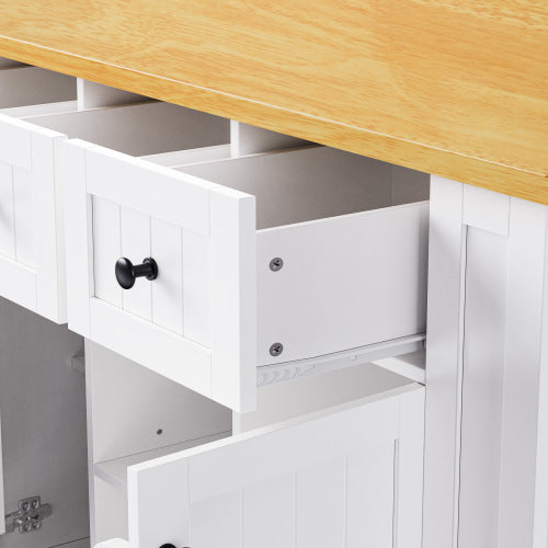 53inch Large Kitchen Island with Drop Leaf, Power Outlet, Door Internal Storage Rack, Rolling Kitchen Cart on 5 Wheels with 5 Open Side Racks for Kitchen, Dining Room,White(Not include bar stools)