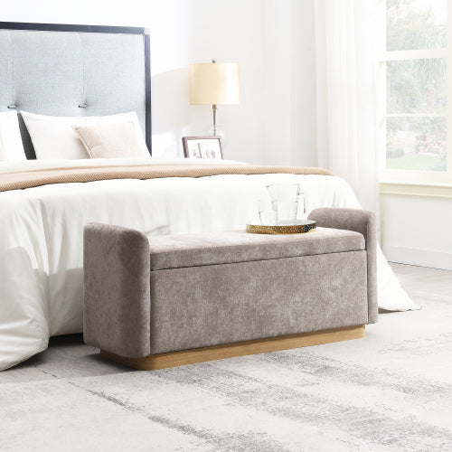 49 inch Brown Chenille Storage Ottoman Bench, Gold Metal Base Wood Frame 350 LBS Safety Hinge Entryway Bench