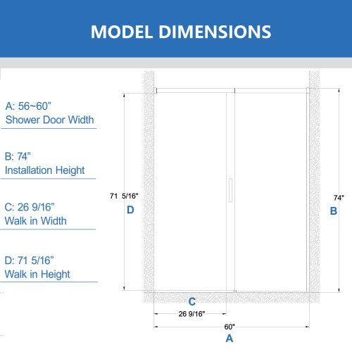 56-60" W x 74" H Semi-Frameless Sliding Shower Door, 1/4" (6mm) Clear SGCC Tempered Glass, Matte Black Finished, Adjustable Width – No Cutting Required