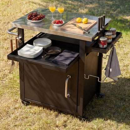 39.5 inch Outdoor Grill Cart with Storage Cabinet, Outdoor Bar Cart Pizza Oven Table with Wheels, Stainless Steel Top, Outdoor Kitchen Island with Spice & Paper Rack for BBQ, Waterproof Cover Included
