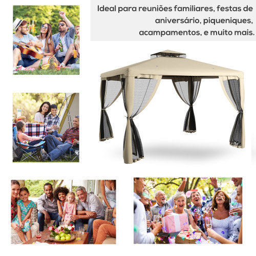 Outsunny 9.6' x 11.6' Patio Gazebo, Outdoor Canopy Shelter with 2-Tier Roof and Netting, Steel Frame for Garden, Lawn, Backyard, and Deck, Taupe