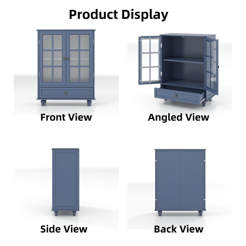 Vintage Blue Buffet Cabinet with Glass Doors Drawer and Adjustable Shelves
