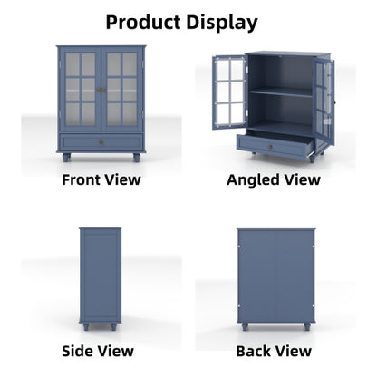 Vintage Blue Buffet Cabinet with Glass Doors Drawer and Adjustable Shelves