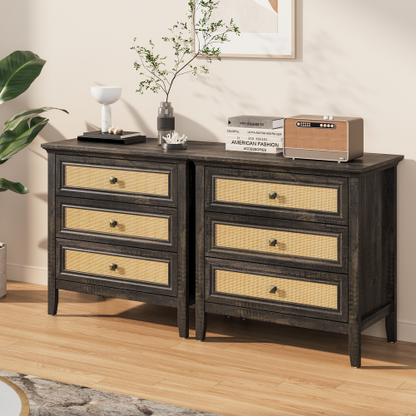 Dark Rustic Oak 3-Drawer Rattan Farmhouse Dresser Nightstand