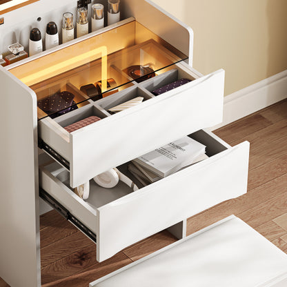 3-in-1 Vanity Table with LED Mirror & Storage Stool, Flip Top Makeup Desk, 5 Storage Spaces, Adjustable Lights, White