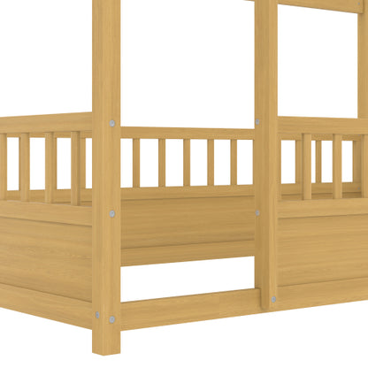 Twin Size Floor Wooden Bed with House Roof Frame, Fence Guardrails,(Twin,Natural)