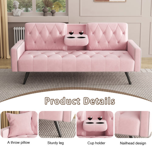 72-Inch Pink Velvet Convertible Sofa-Bed with Nail-Head Trim Dual Cup-Holders for Small-Space Living-Room