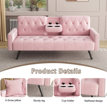 72-Inch Pink Velvet Convertible Sofa-Bed with Nail-Head Trim Dual Cup-Holders for Small-Space Living-Room
