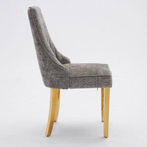 Set of 2 Gray Rayon Flocking Chenille Dining Chairs, High Back, Triple Elastic Cushion, Golden Plated Stainless Steel Legs