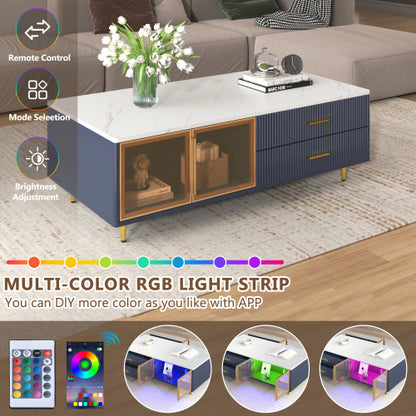 Modern Blue Coffee Table with Glass Doors Drawers LED Lighting Gold Legs