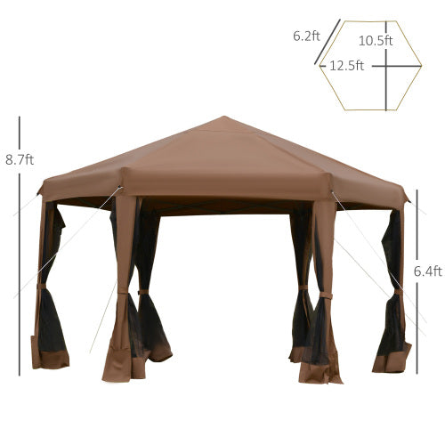 Outsunny 13' x 11' Hexagonal Pop Up Gazebo, Heavy Duty Outdoor Canopy Tent with 6 Mesh Sidewall Netting, 3-Level Adjustable Height and Strong Steel Frame, Brown