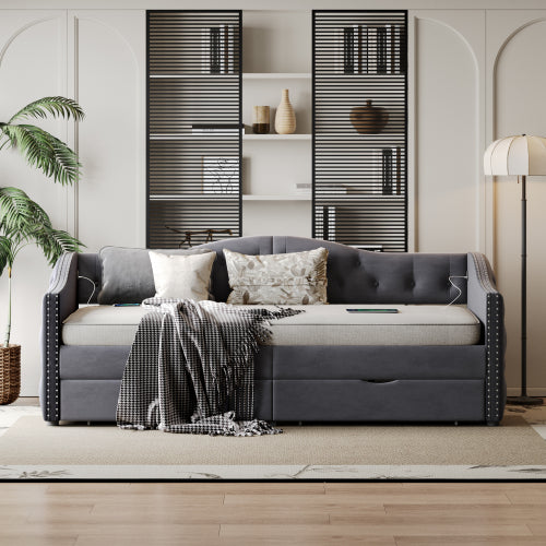 Upholstered Daybed with Storage Drawers, Wood Daybed Twin Size, with USB ports & 2 storage drawers, No Box Spring Needed, Grey