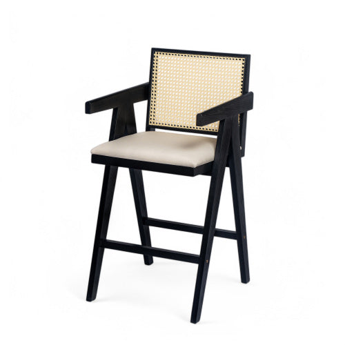 27inch Height, Cream Grey Woven Cane Plastic Backrest Bar Stool - Foam-Padded Fabric Seat & Durable Rubberwood Frame