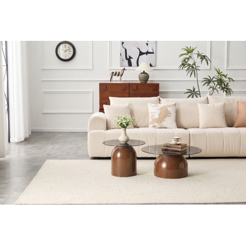 Set of 2 Walnut Nesting Glass Coffee Tables, Space-Saving Round Center Table